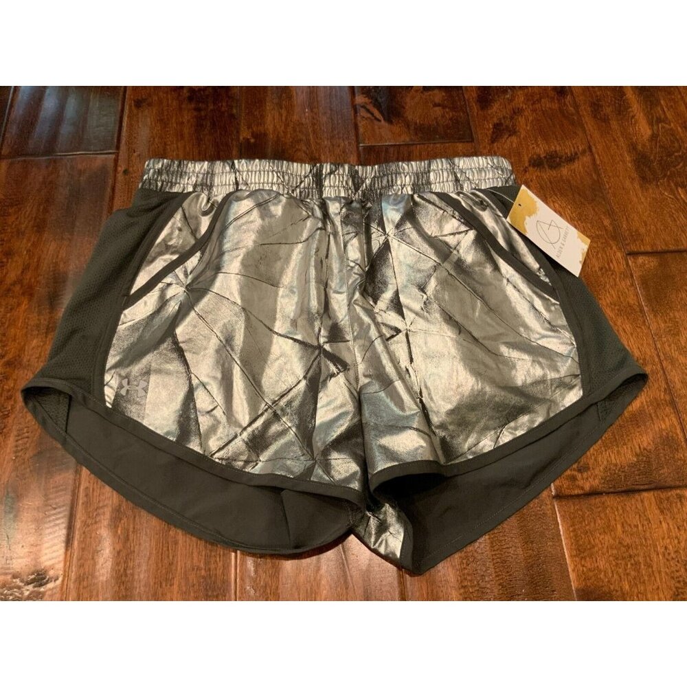 Under Armour Green & Silver Metallic Athletic Running Shorts, Size Medium